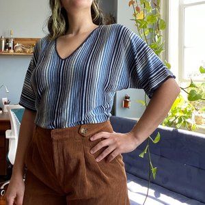 New York and Company Short Sleeve Thin Sweater Stripped V-Neck